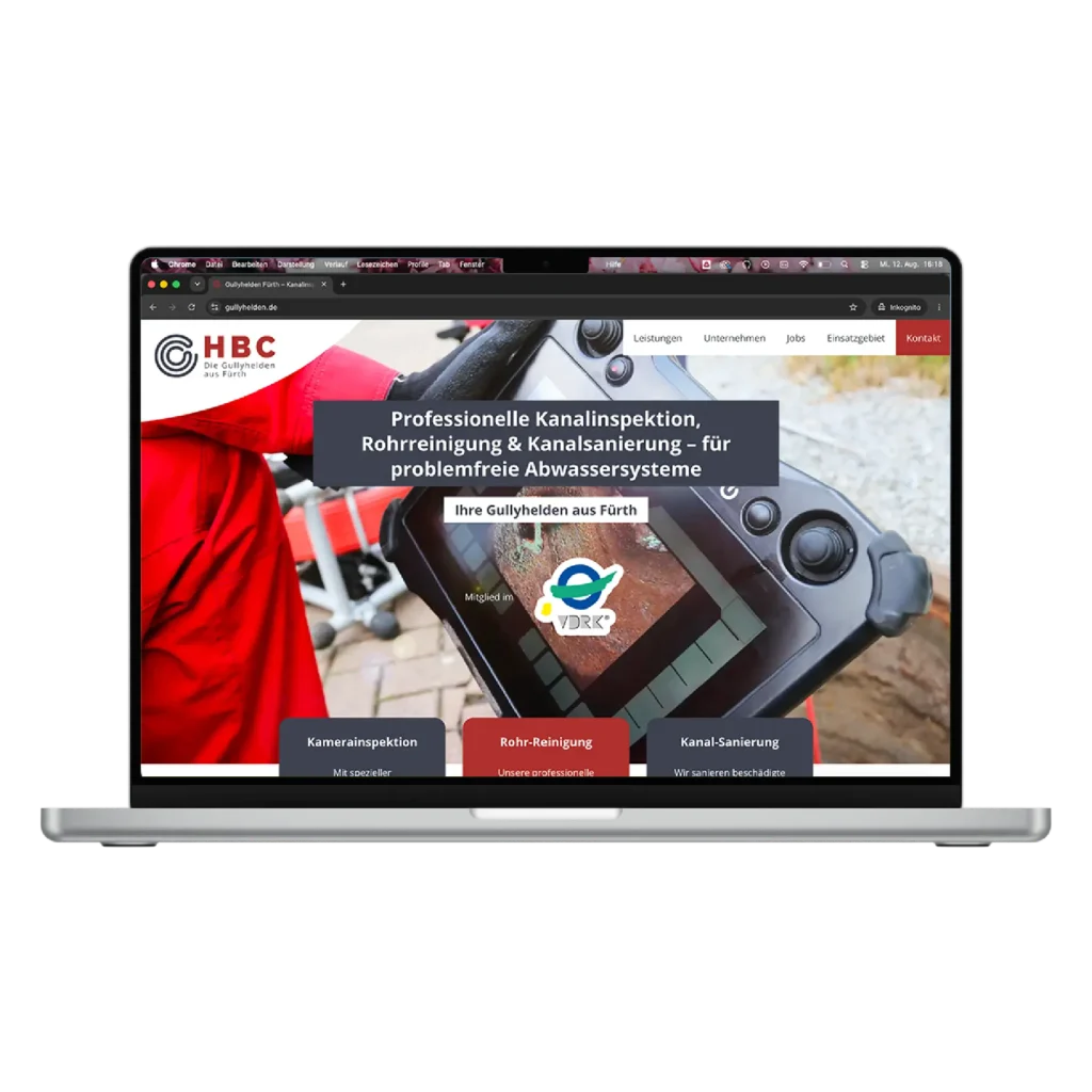 Startseite der Gullyhelden-Website mit klarer Darstellung der drei Hauptleistungen Kanalinspektion, Rohrreinigung und Kanalsanierung