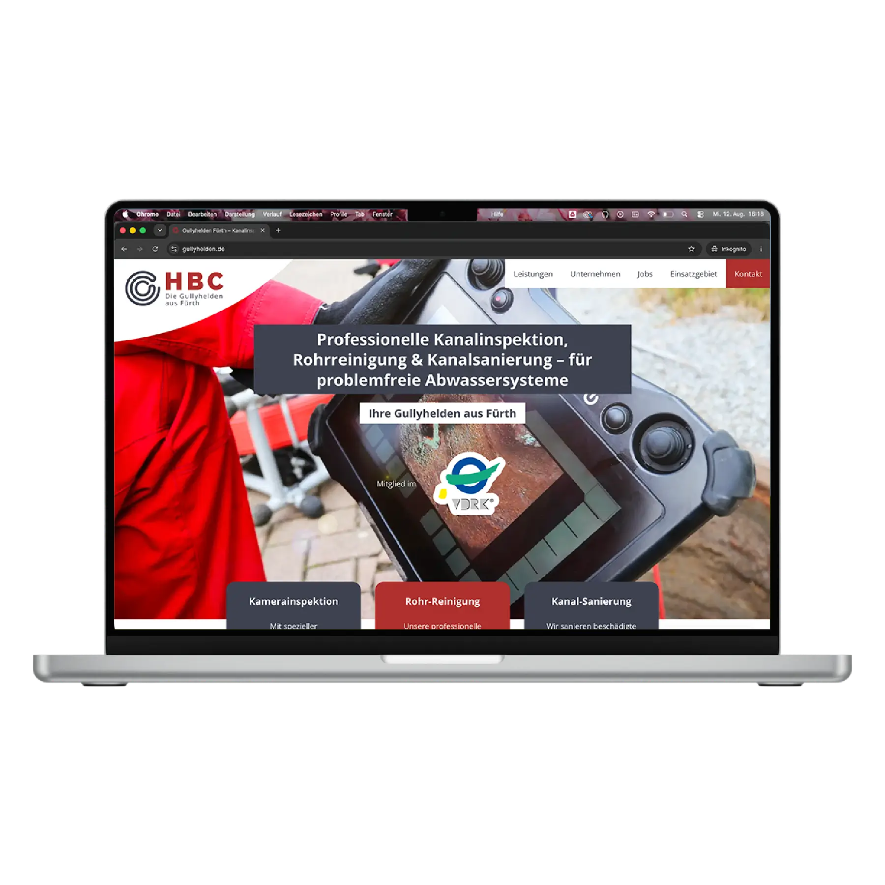 Startseite der Gullyhelden-Website mit klarer Darstellung der drei Hauptleistungen Kanalinspektion, Rohrreinigung und Kanalsanierung